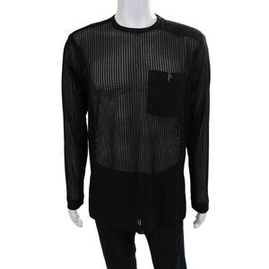 Biglommoz Mens Mesh Round Neck Long Sleeve Shirt Black Size M